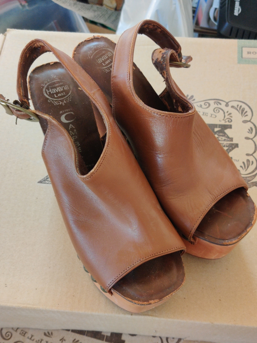 Jeffrey Campbell Brown Leather Open-Toe Slingback Clogs